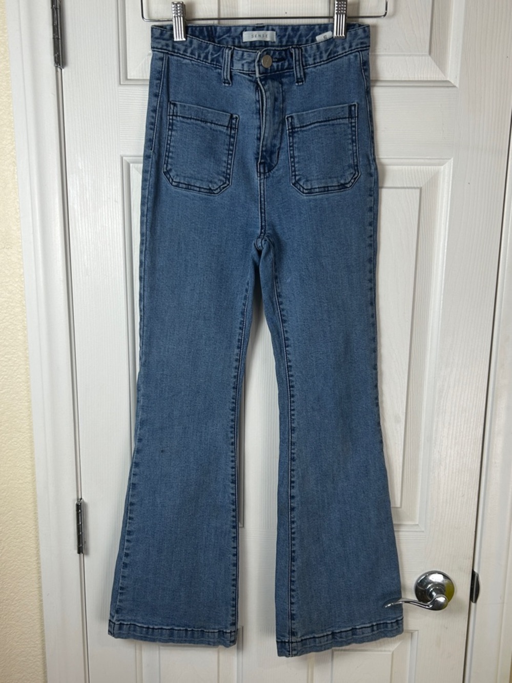 Redmango Sense High Waisted Flare Jeans Patch Pockets Retro Light Wash Size S